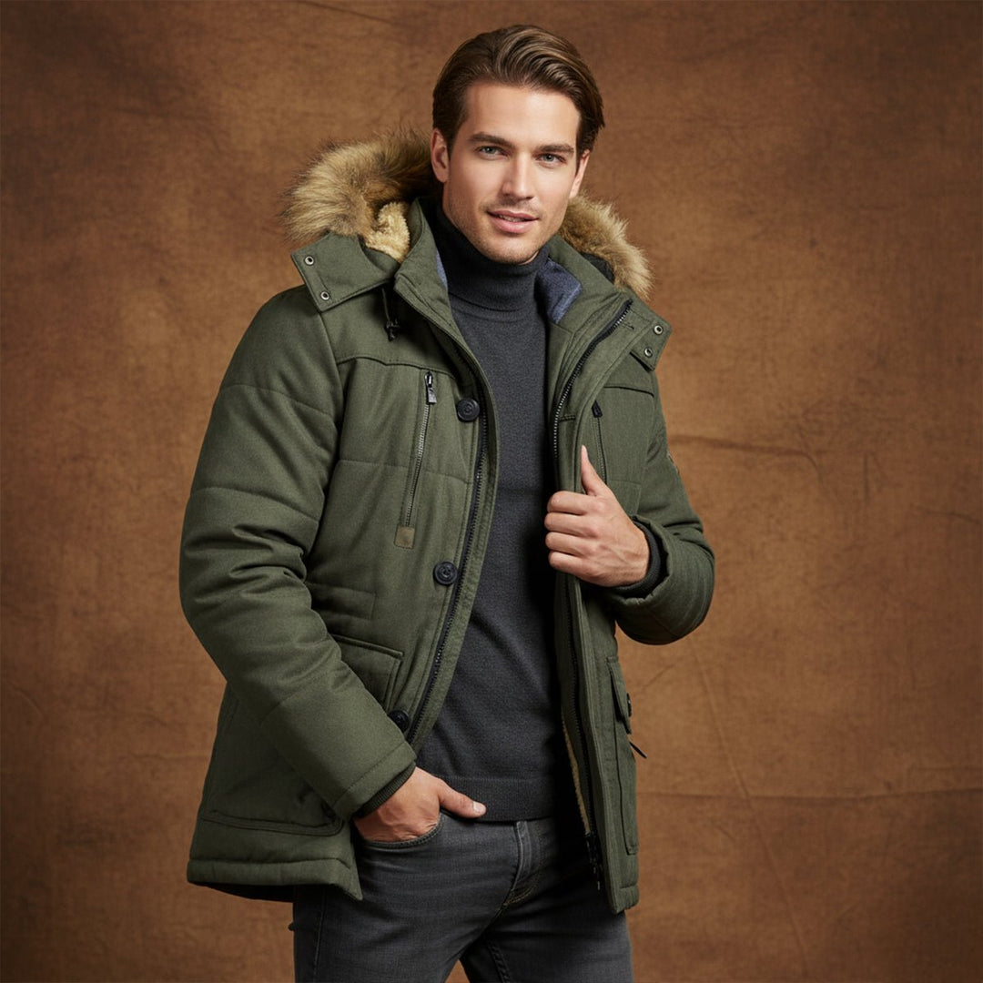 Men's Warm Winter Parka Jacket | Detachable Fur Hood Lined Angle