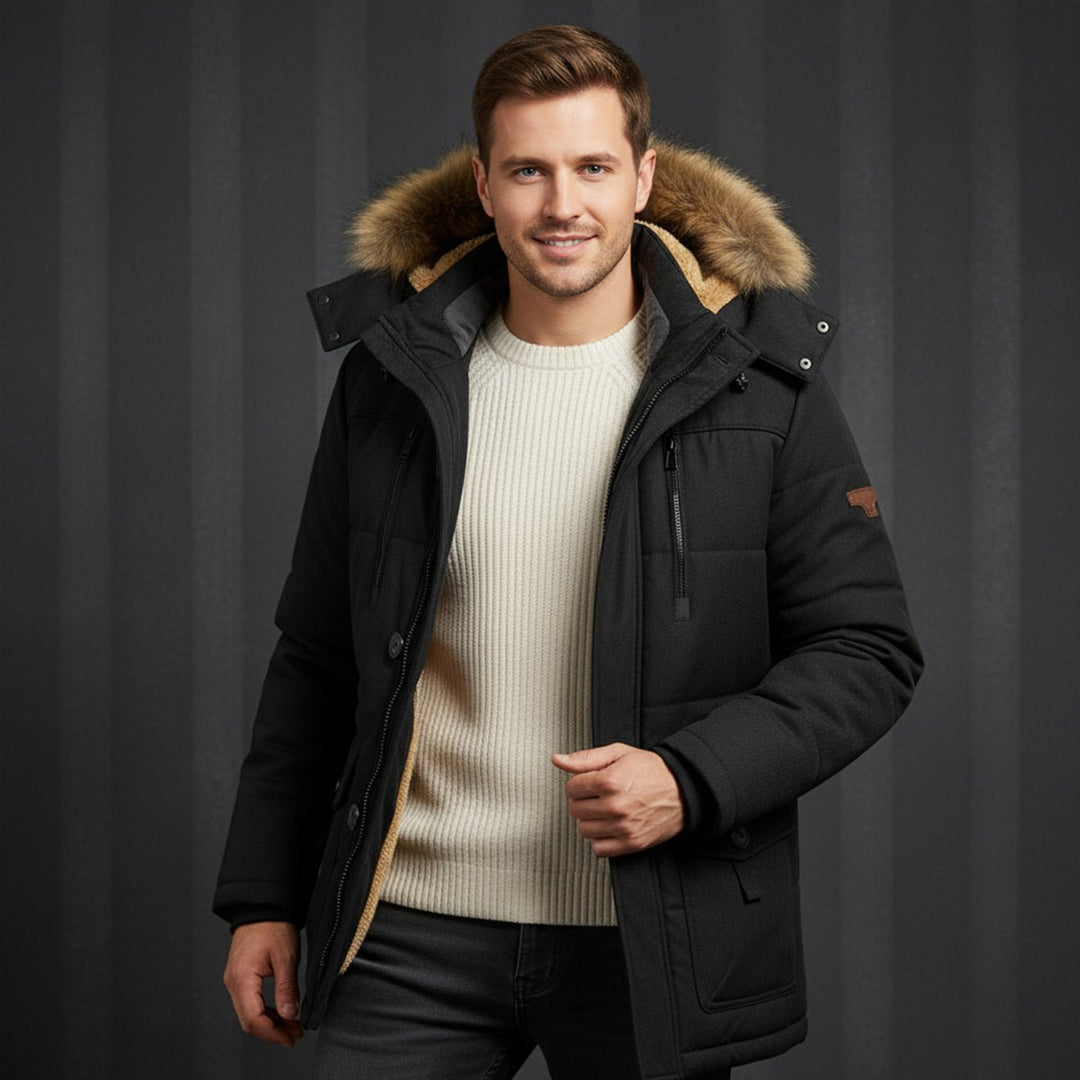 Men's Warm Winter Parka Jacket | Detachable Fur Hood Lined Close Up