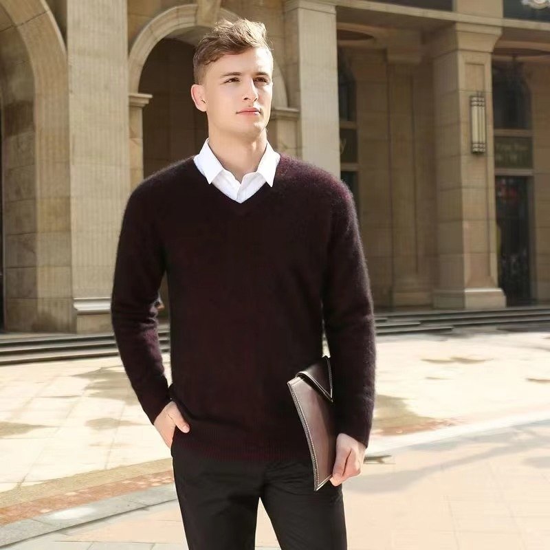 Men's Warm Wool Blend V Neck Knitted Pullover | Loose Fit View 16