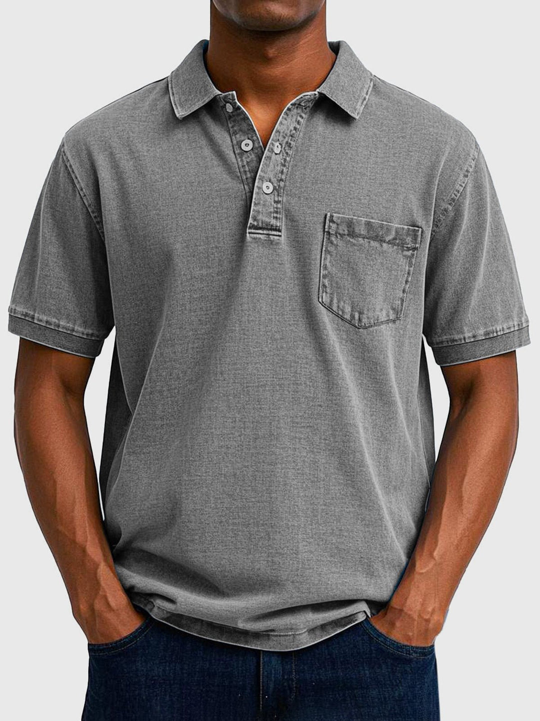 Men's Washed Cotton-Denim Polo Top Detail