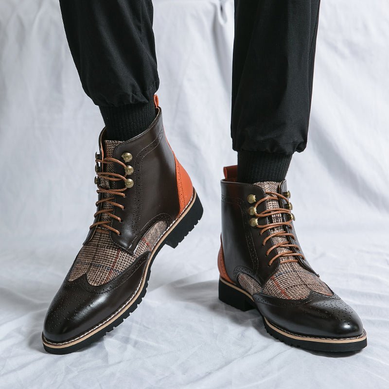 Men's Wingtip Brogue Leather Boots | Suede Panel Oxford Back