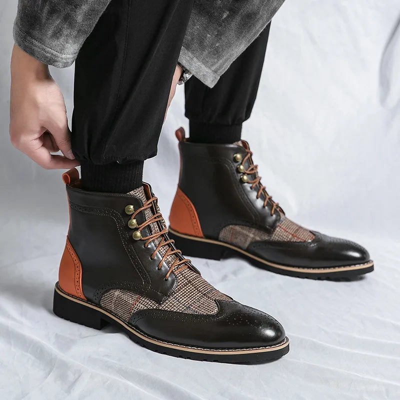 Men's Wingtip Brogue Leather Boots | Suede Panel Oxford Detail