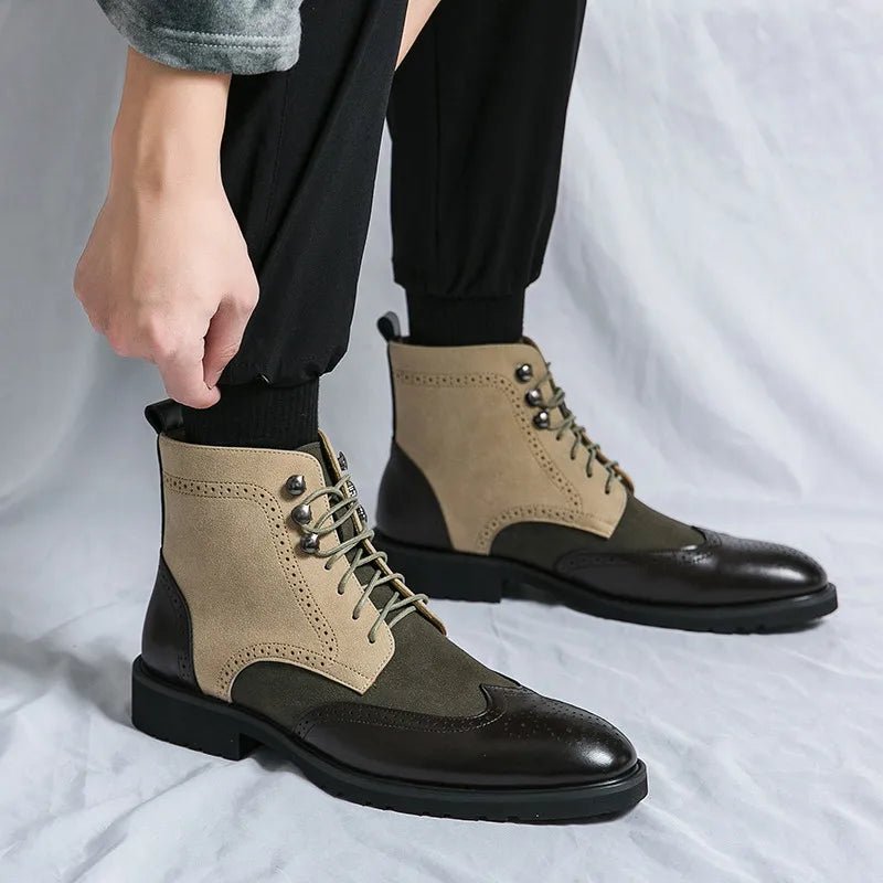 Men's Wingtip Brogue Leather Boots | Suede Panel Oxford Lifestyle