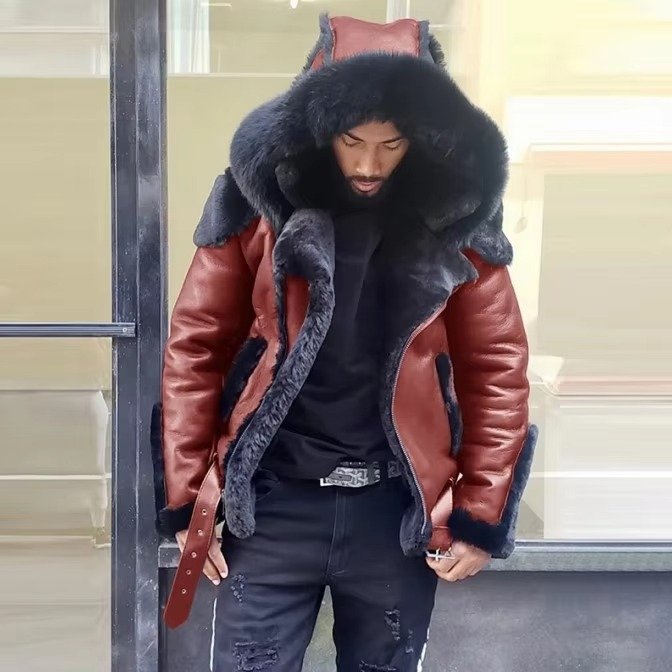 Men's Winter Leather Jacket Fur Collar | Wool Lining Front