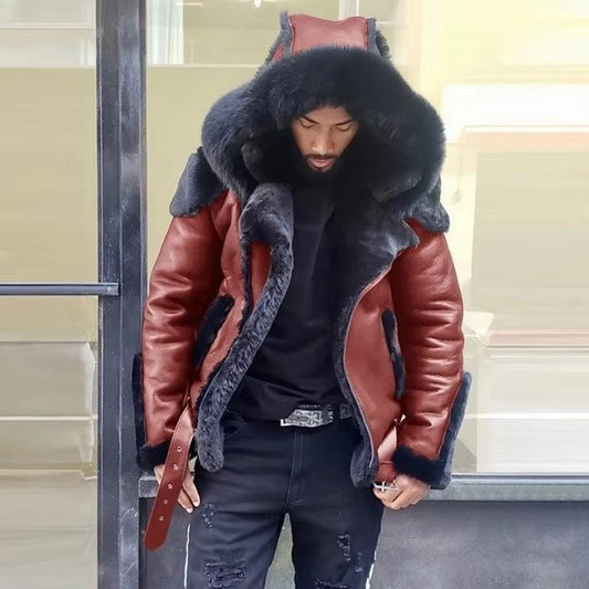Men's Winter Leather Jacket Fur Collar | Wool Lining Front