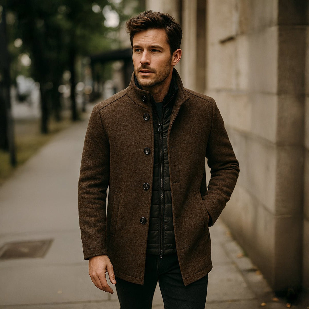 Men's Wool Blend Classic Trench Coat | Detachable Inner Vest View 11