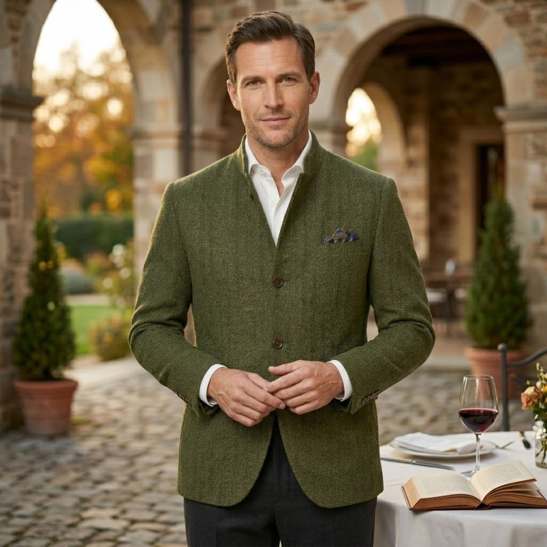 Men's Wool Single Breasted Tweed Blazer Jacket | Stand Collar Close Up