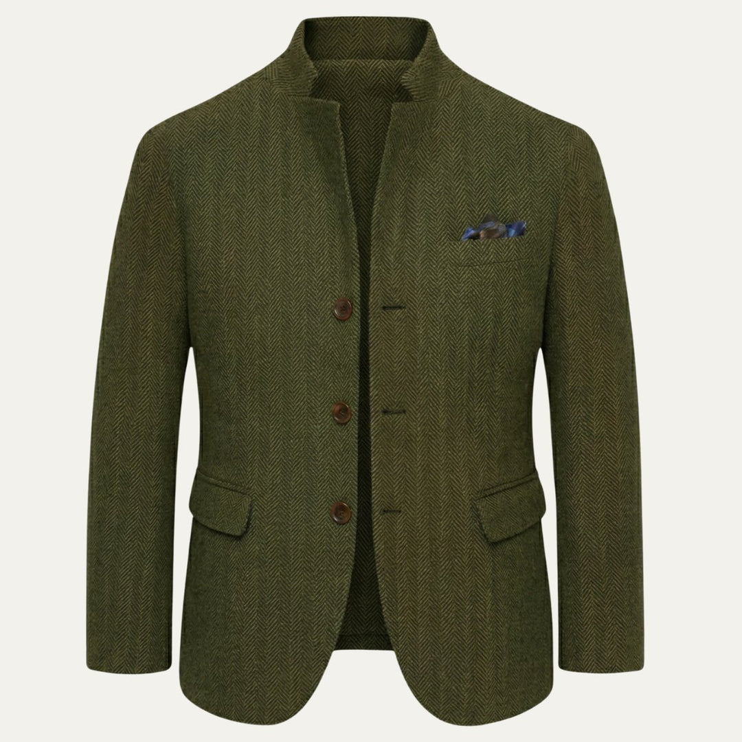 Men's Wool Single Breasted Tweed Blazer Jacket | Stand Collar Detail