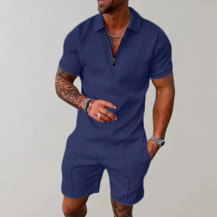 Men's Zip Polo Short Set Two Piece Close Up