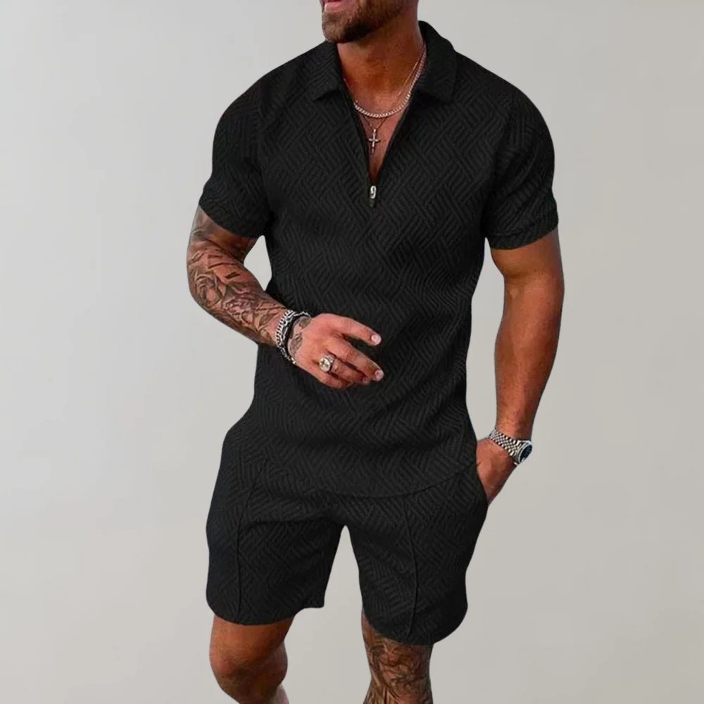 Men's Zip Polo Short Set Two Piece Front