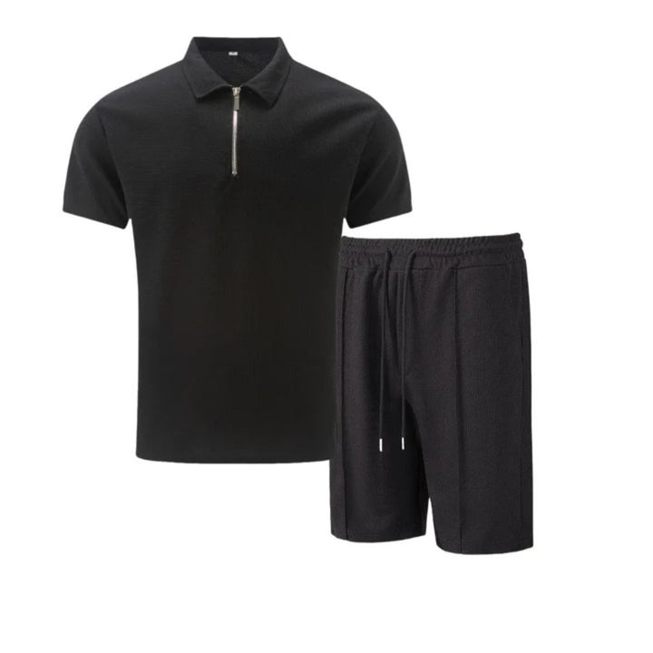 Men's Zip Two Piece Waffle Polo Set Close Up