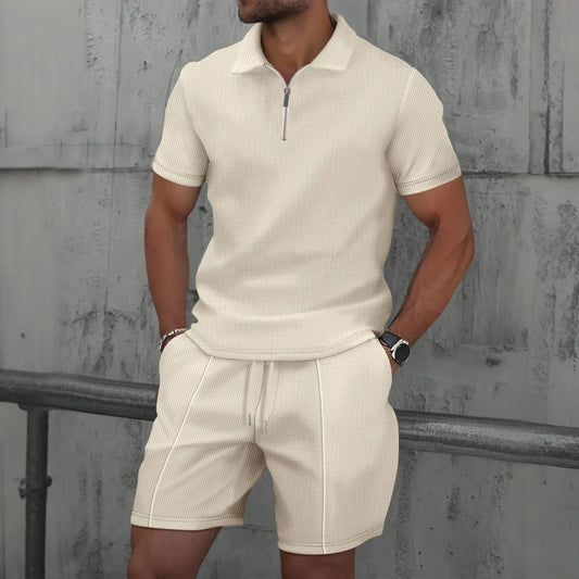 Men's Zip Two Piece Waffle Polo Set Front