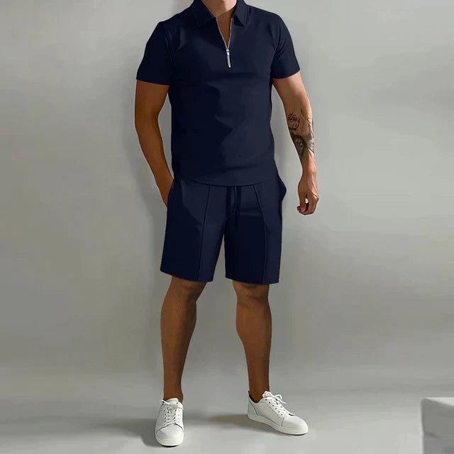 Men's Zipper Polo Shirts & Shorts Set | Casual Summer Back