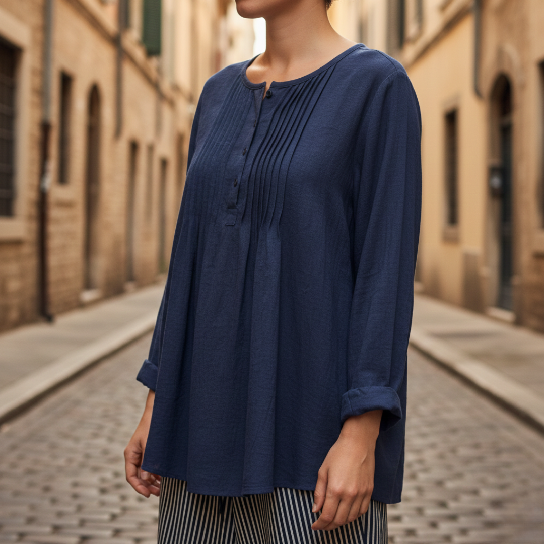 Tunic Blouse Pleated Pintuck Long Sleeve Relaxed Fit Womens