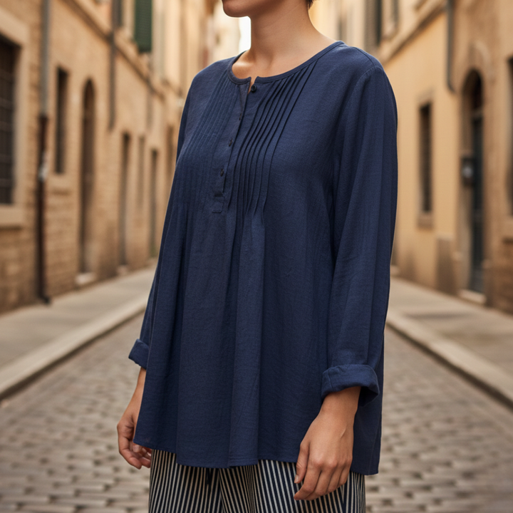 Tunic Blouse Pleated Pintuck Long Sleeve Relaxed Fit Womens