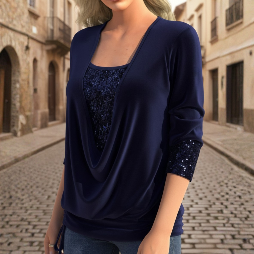 Blouse à manches longues avec col drapé et sequins, coupe décontractée pour femme