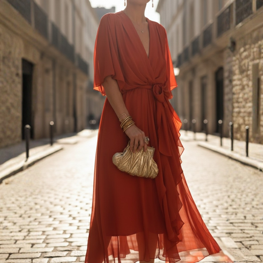 Vestido largo de gasa para mujer con manga corta