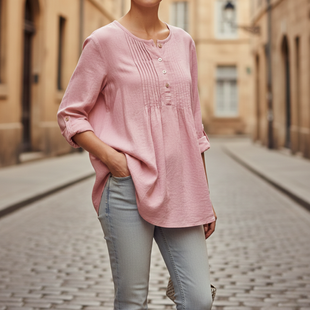 Tunic Blouse Pleated Pintuck Long Sleeve Relaxed Fit Womens