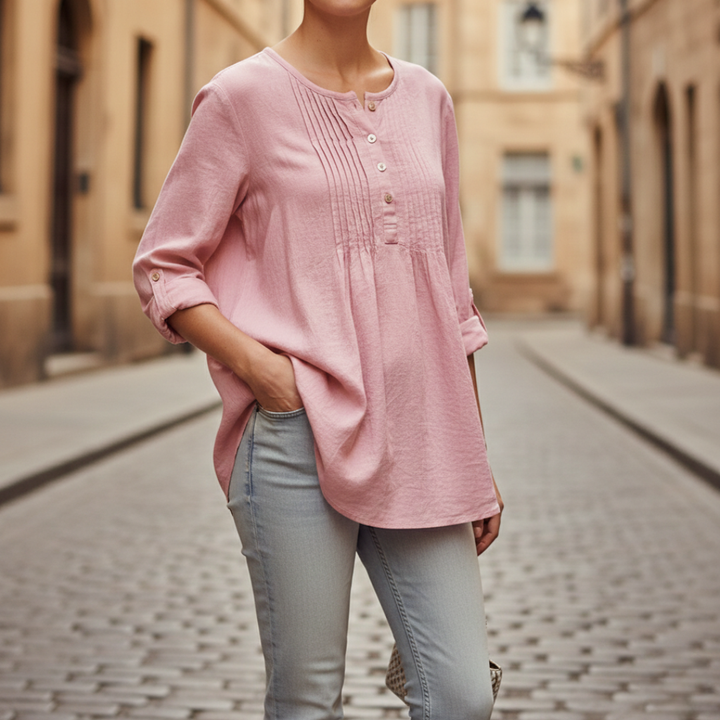 Tunic Blouse Pleated Pintuck Long Sleeve Relaxed Fit Womens
