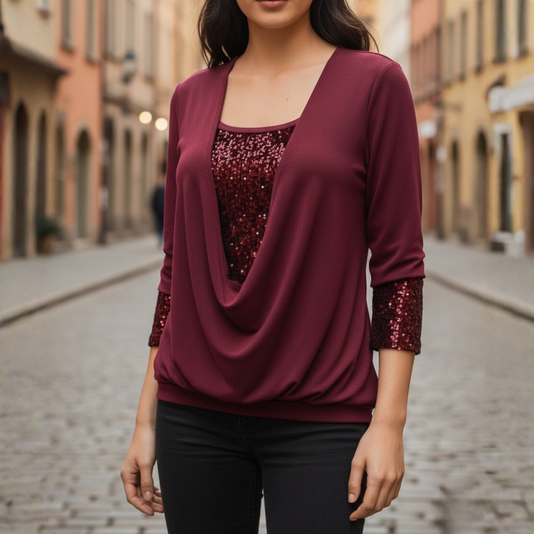 Blouse à manches longues avec col drapé et sequins, coupe décontractée pour femme