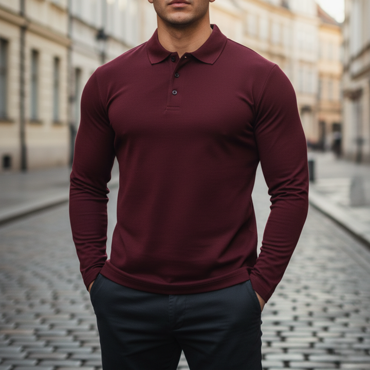 Camiseta de hombre con cuello tipo polo y mangas largas acanaladas