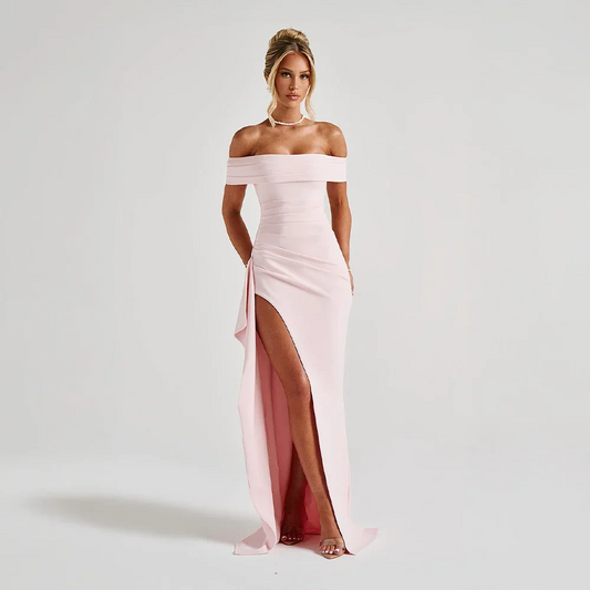 Vestido Maxi para Mujer con Hombros Descubiertos y Abertura Alta – Formal de Noche