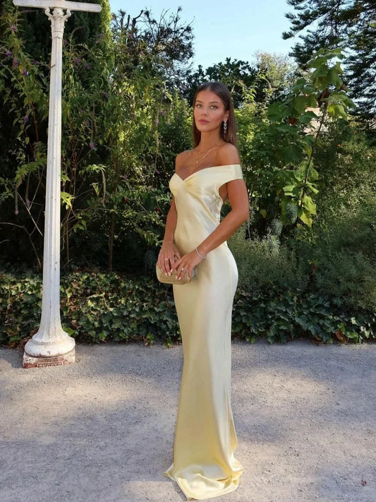 Vestido largo de satén para mujer, sin hombros y sin mangas