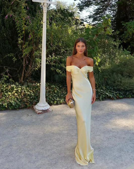 Vestido largo de satén para mujer, sin hombros y sin mangas