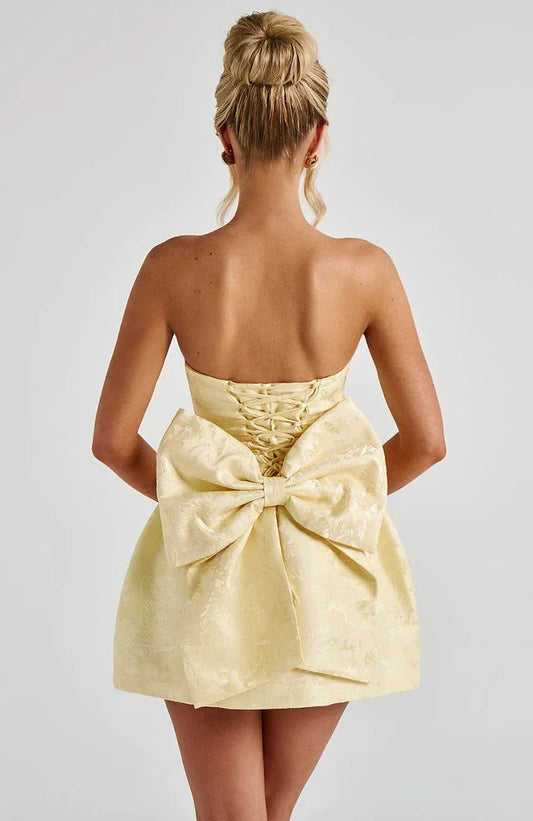Robe mini jacquard femme, bustier, dos nu, sans manches avec nœud