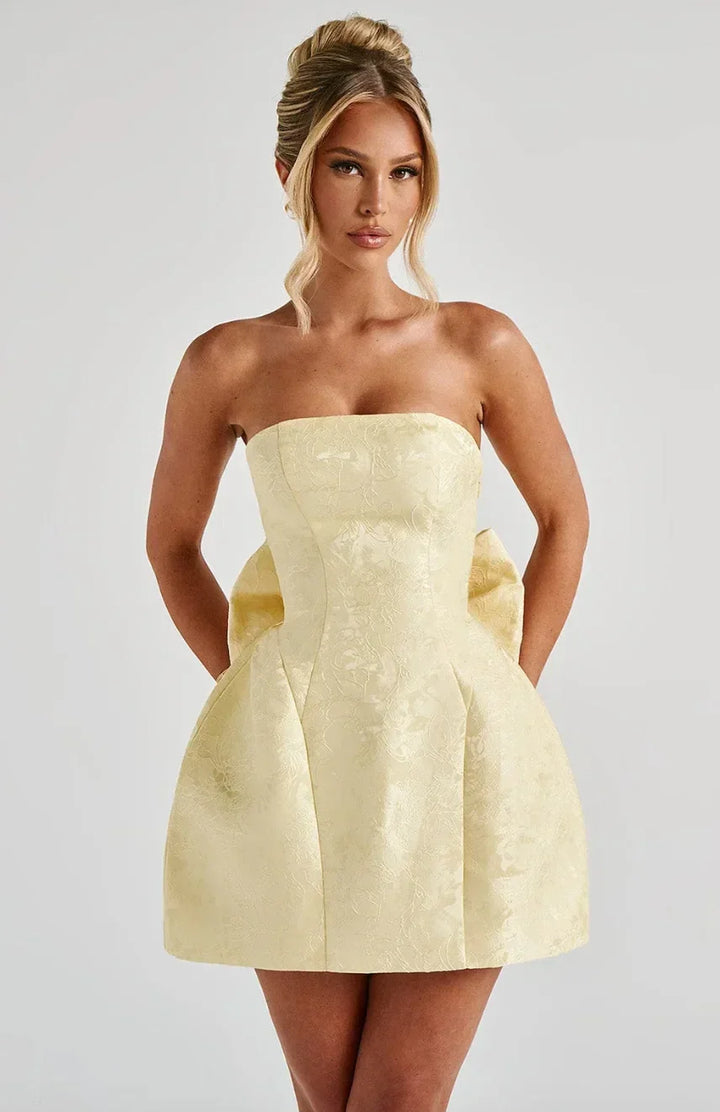 Vestido corto de jacquard para mujer, sin tirantes, sin espalda, sin mangas, con lazo