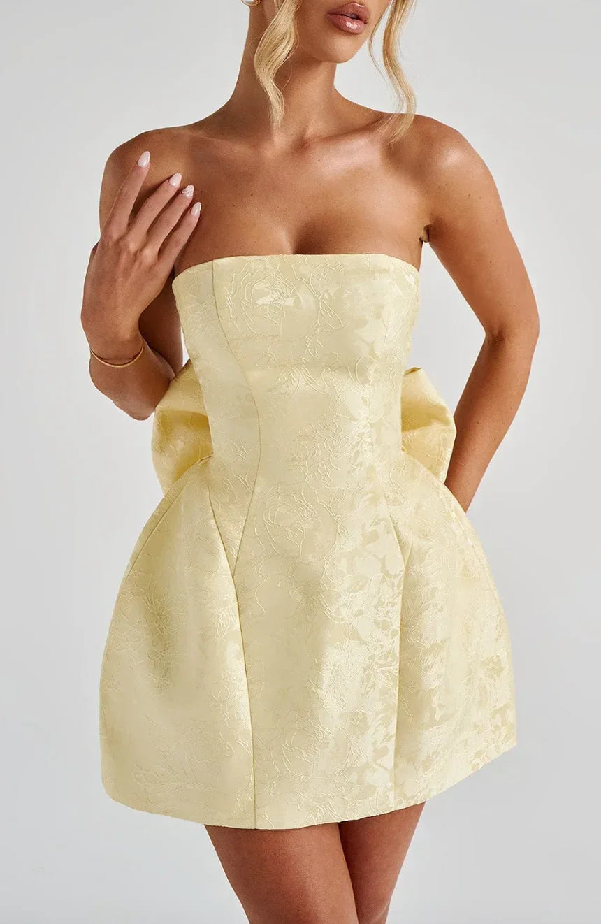 Vestido corto de jacquard para mujer, sin tirantes, sin espalda, sin mangas, con lazo