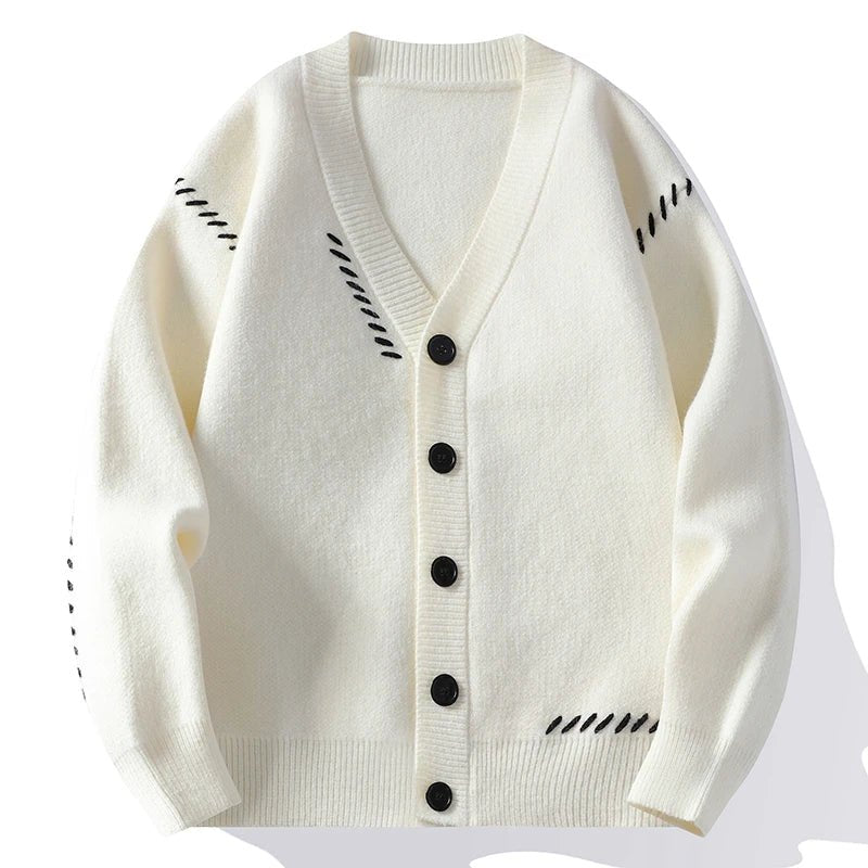 Unisex Cotton Cardigan | Contrast Stitch V-Neck Button-Up Side