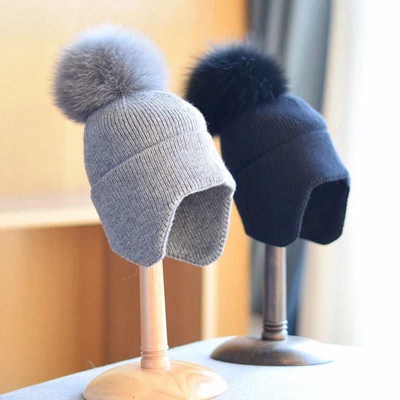 Unisex Ear Flap Pom Beanie | Cotton Blend Winter Hat Close Up