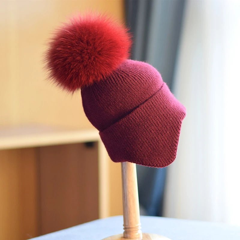 Unisex Ear Flap Pom Beanie | Cotton Blend Winter Hat Side