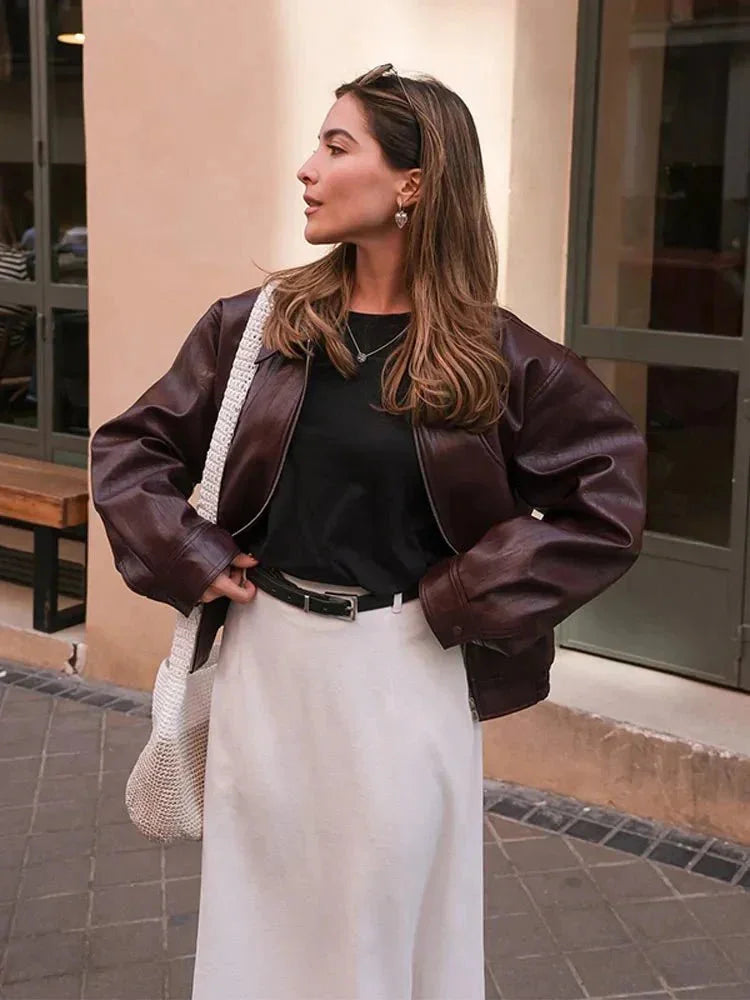 Chaqueta para mujer de cuero sintético estilo vintage – Prenda exterior casual