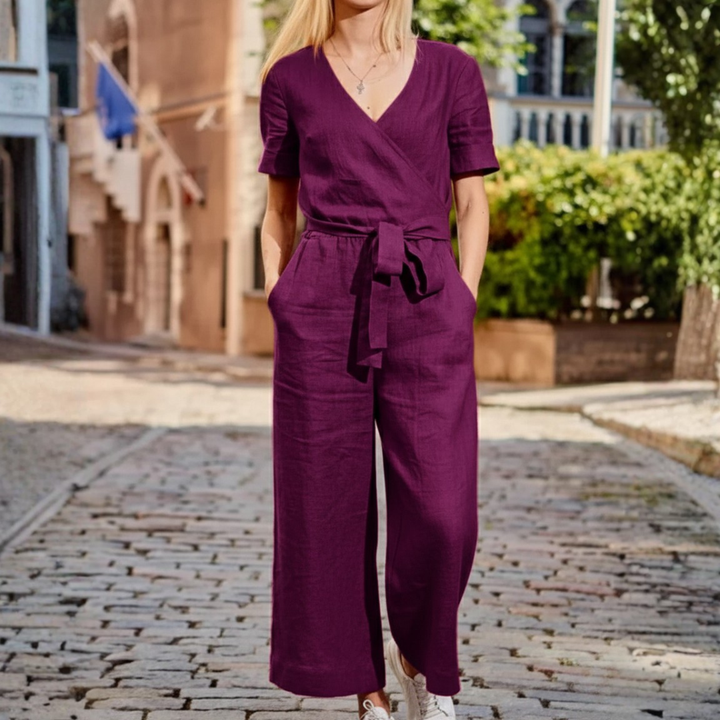Combinaison à enfiler avec ceinture, manches courtes, jambes larges pour femme