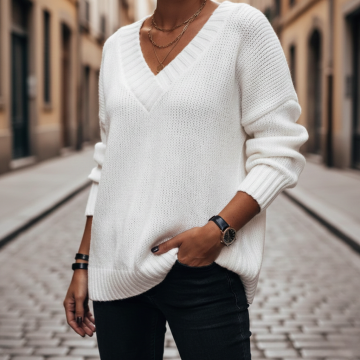 Sweater V-Neck Ribbed Knit Long Sleeve Womens