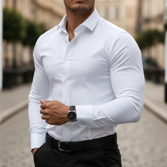 Camisa de botones manga larga ajuste elástico para hombre