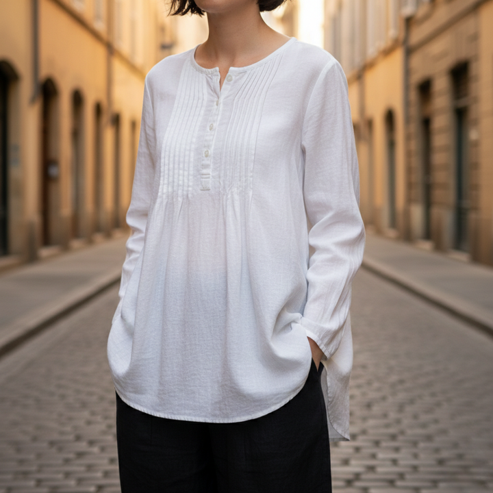 Tunic Blouse Pleated Pintuck Long Sleeve Relaxed Fit Womens