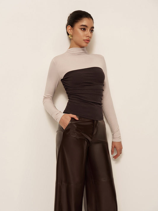 Women's 2 in 1 Mock Neck Color Block Jersey Top | Long Sleeve Front
