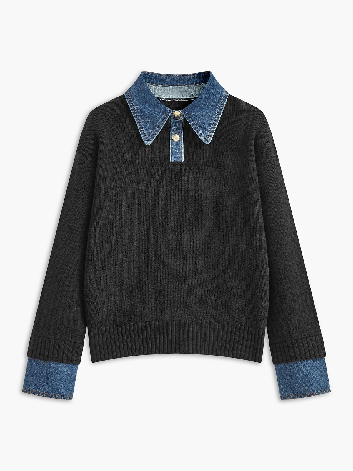 Women's 2 in 1 Panel Lapel Sweater | Denim Contrast Collar Close Up