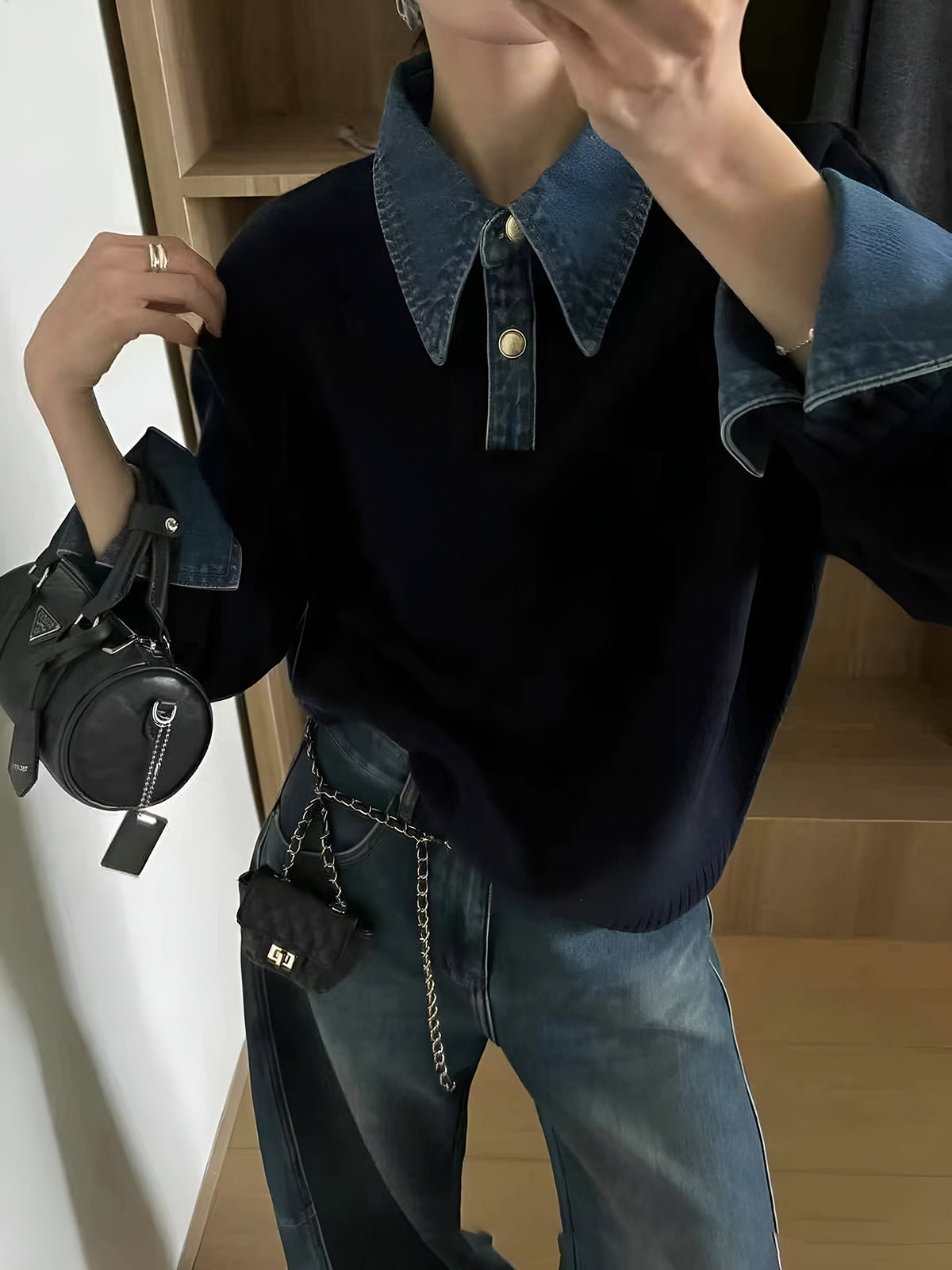 Women's 2 in 1 Panel Lapel Sweater | Denim Contrast Collar Front