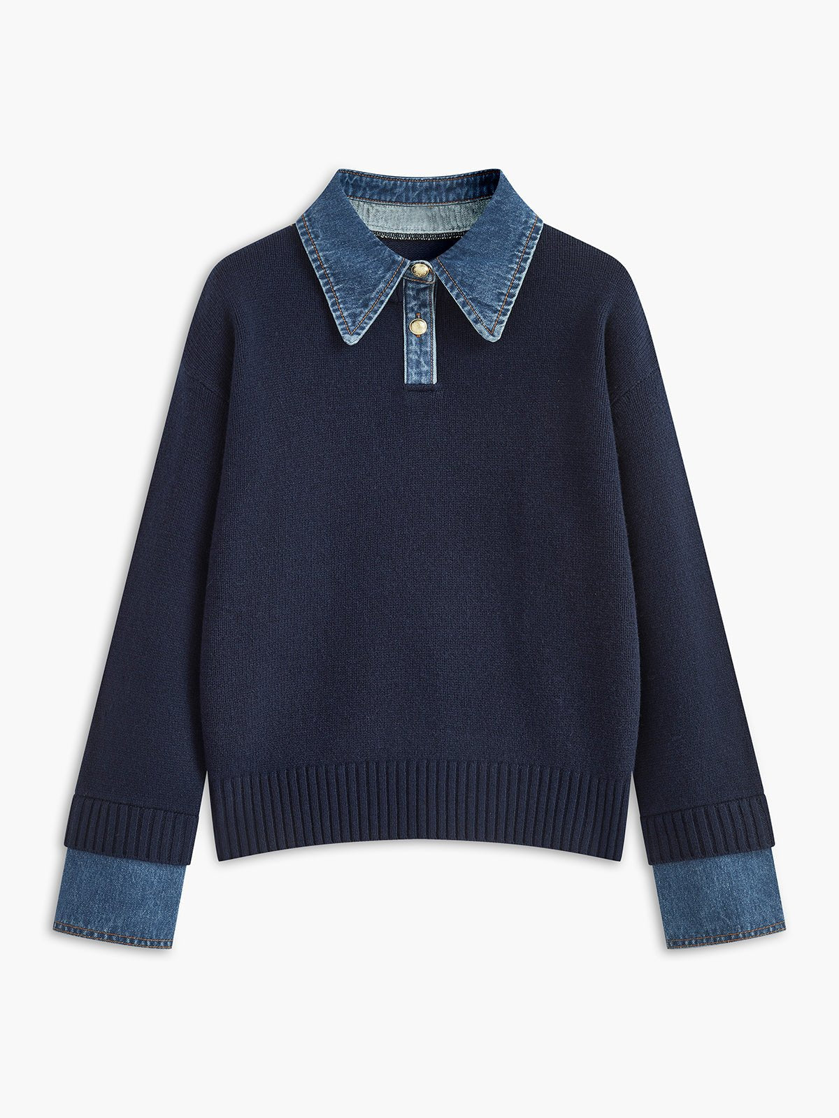 Women's 2 in 1 Panel Lapel Sweater | Denim Contrast Collar Hero