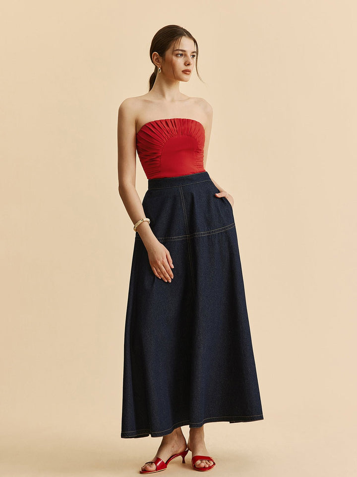 Women's A-Line Denim Skirt | Side Pockets Close Up