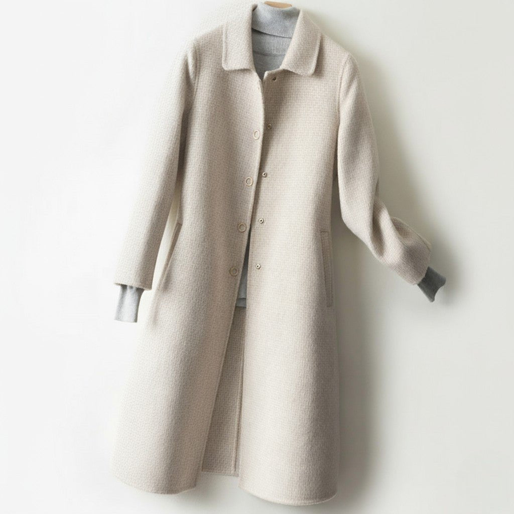 Women's A-Line Long Coat | Point Collar Wool Blend Side