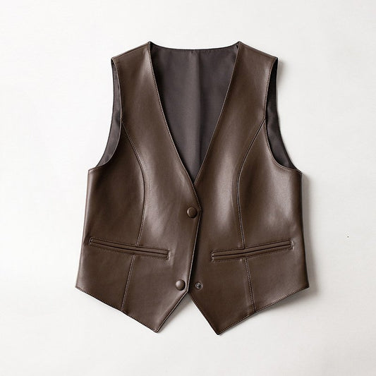 Women's Asymmetric Hem Sheepskin Leather Vest | V-Neck Tailored Hero