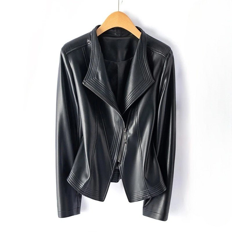 Women's Asymmetric Zip Leather Jacket | Structured V-Collar Slim Fit Back