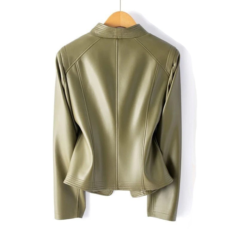 Women's Asymmetric Zip Leather Jacket | Structured V-Collar Slim Fit Detail