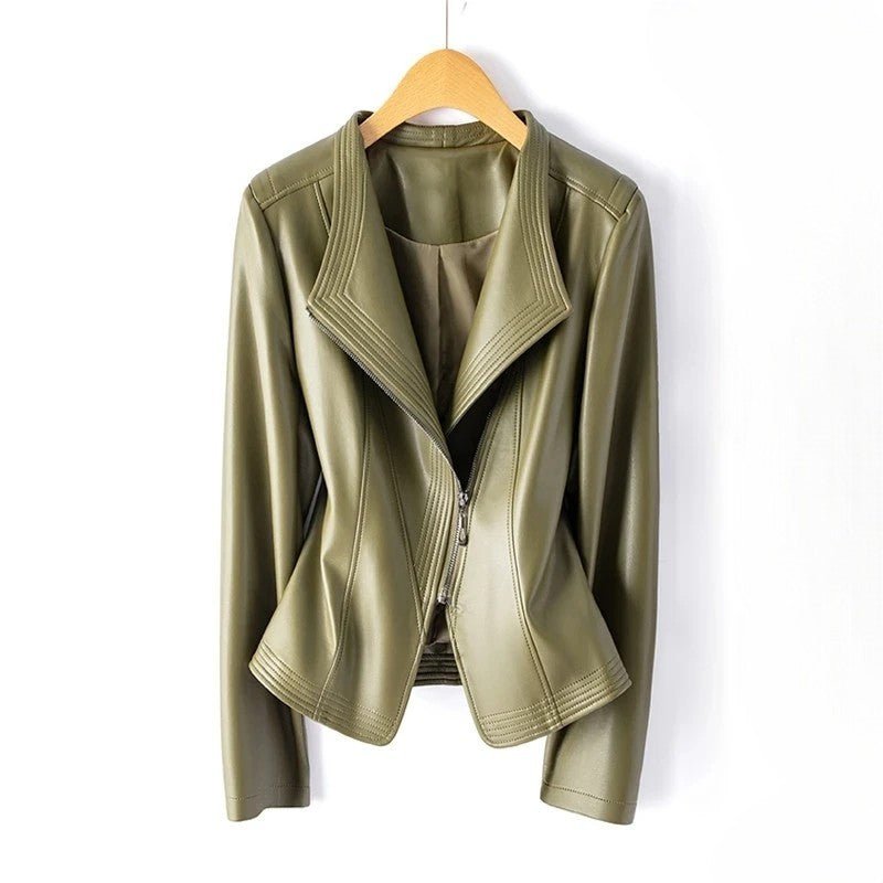 Women's Asymmetric Zip Leather Jacket | Structured V-Collar Slim Fit Front