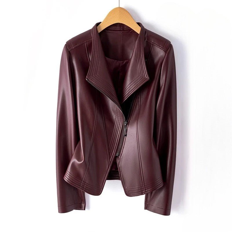 Women's Asymmetric Zip Leather Jacket | Structured V-Collar Slim Fit Hero